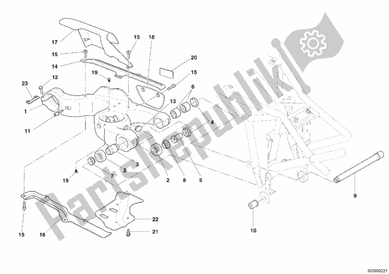 All parts for the Swing Arm of the Ducati Multistrada 1000 S 2005